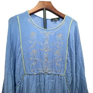 Suzanne Betro Blue Embroidered Boho Tunic Bell Sleeve Plus Size 3X Top